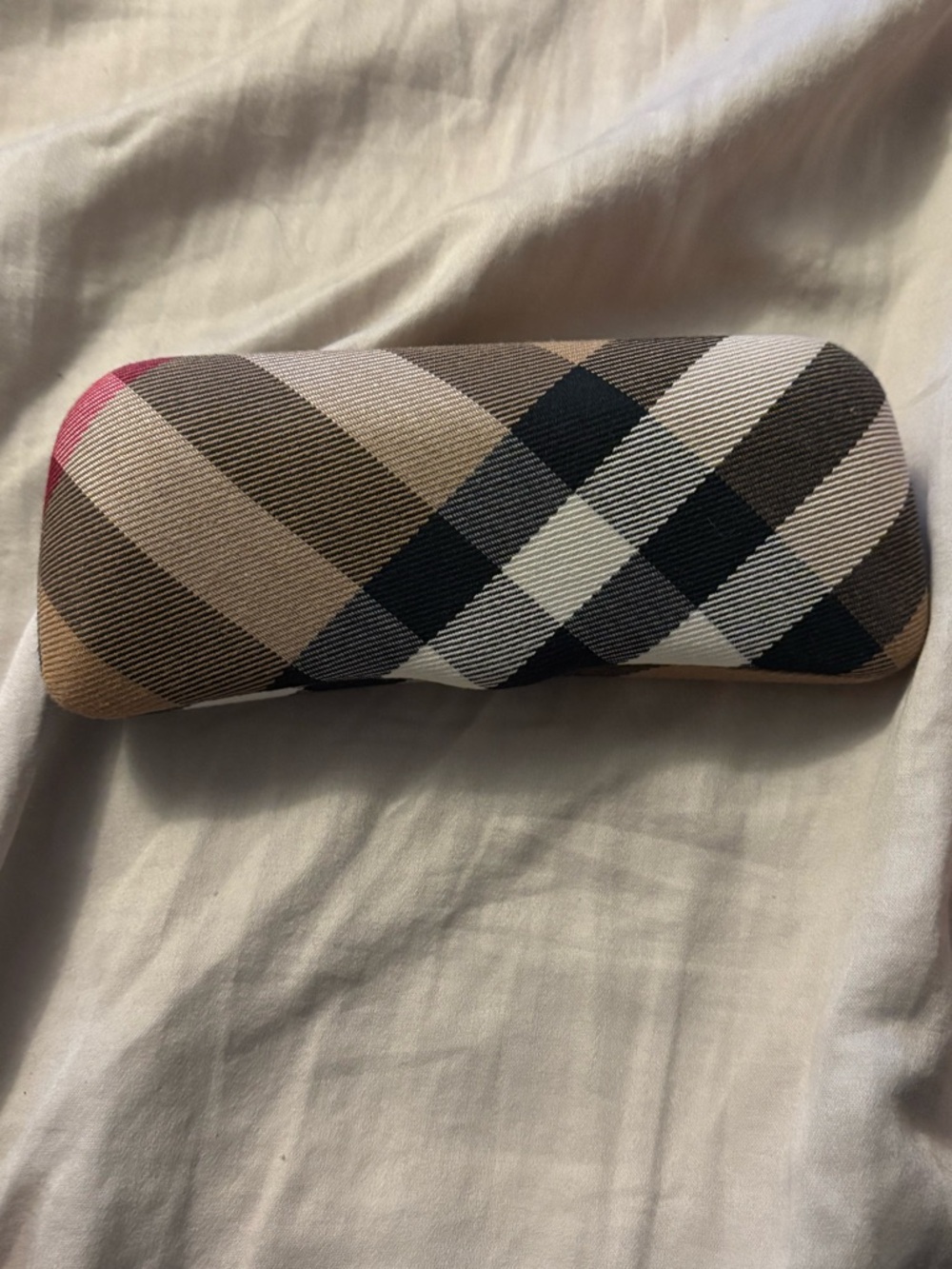 Burberry Plaid Hard Shell Eyeglass Case in Beige, Black & Pink Accent